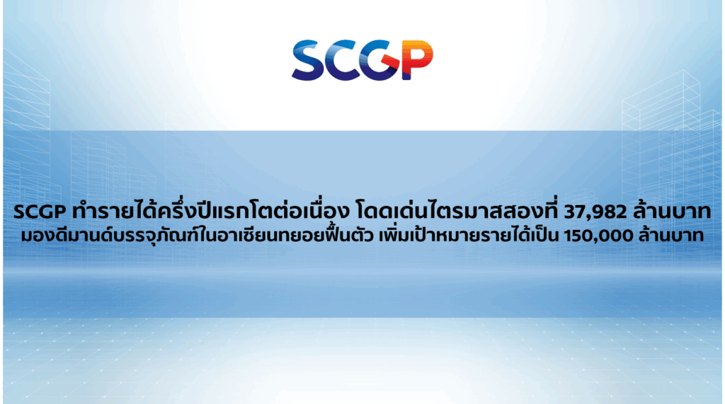 SCGP ทำรายได้ครึ่งปีแรกโตต่อเนื่อง โดดเด่นไตรมาสสองที่ 37,982 ล้านบาท มองดีมานด์บรรจุภัณฑ์ในอาเซียนทยอยฟื้นตัว เพิ่มเป้าหมายรายได้เป็น 150,000 ล้านบาท